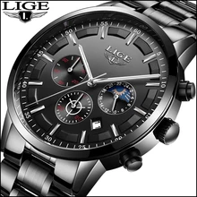 2018 Mens Watches Moon Phase LIGE Chronograph Top Brand Luxury Fashion Mens Steel Military Waterproof Sport Quartz Watch relogio