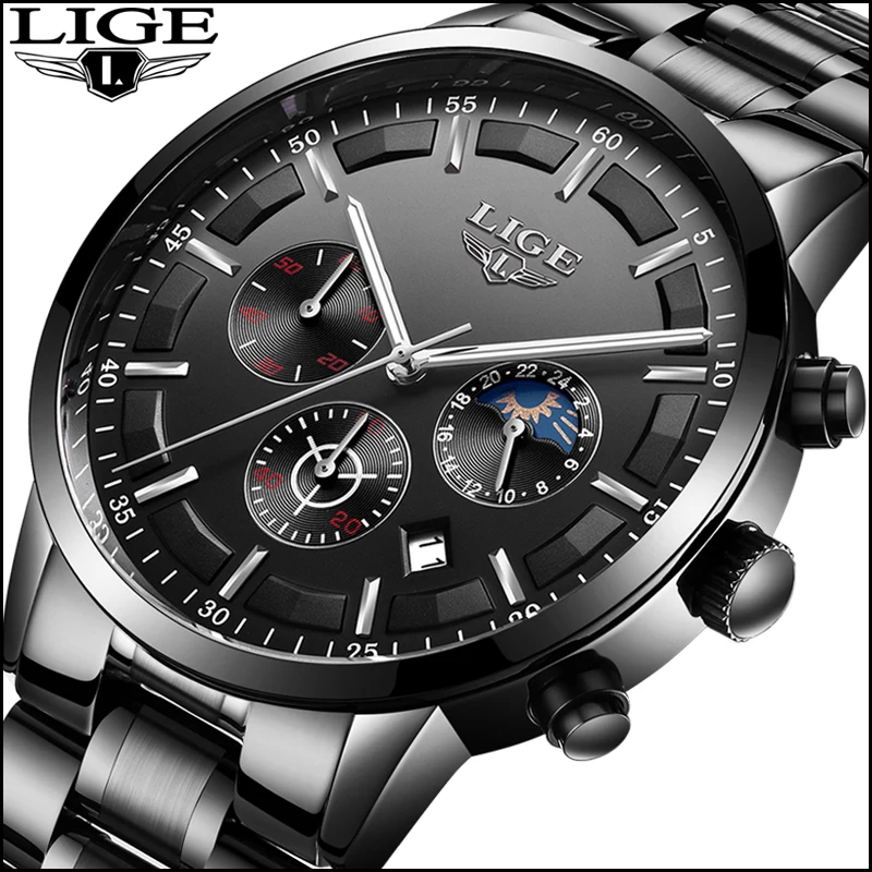 2018 мужские часы Moon Phase LIGE хронограф Топ бренд класса люкс модные стальные военные