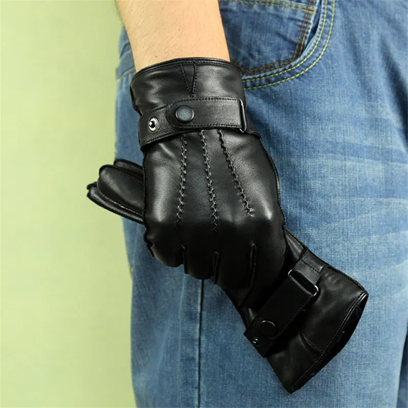 

Men's Genuine Leather Gloves New Autumn Winter Keep Warm Driving Sheepskin Gloves Male Button Style Black Mittens WF1910