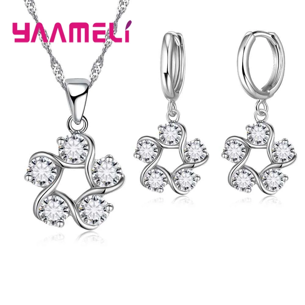 Romantic Charming Crystal Flower Earrings Necklace Jewelry Set 925 Sterling Silver For Lucky Girl Wholesale Price | Украшения и