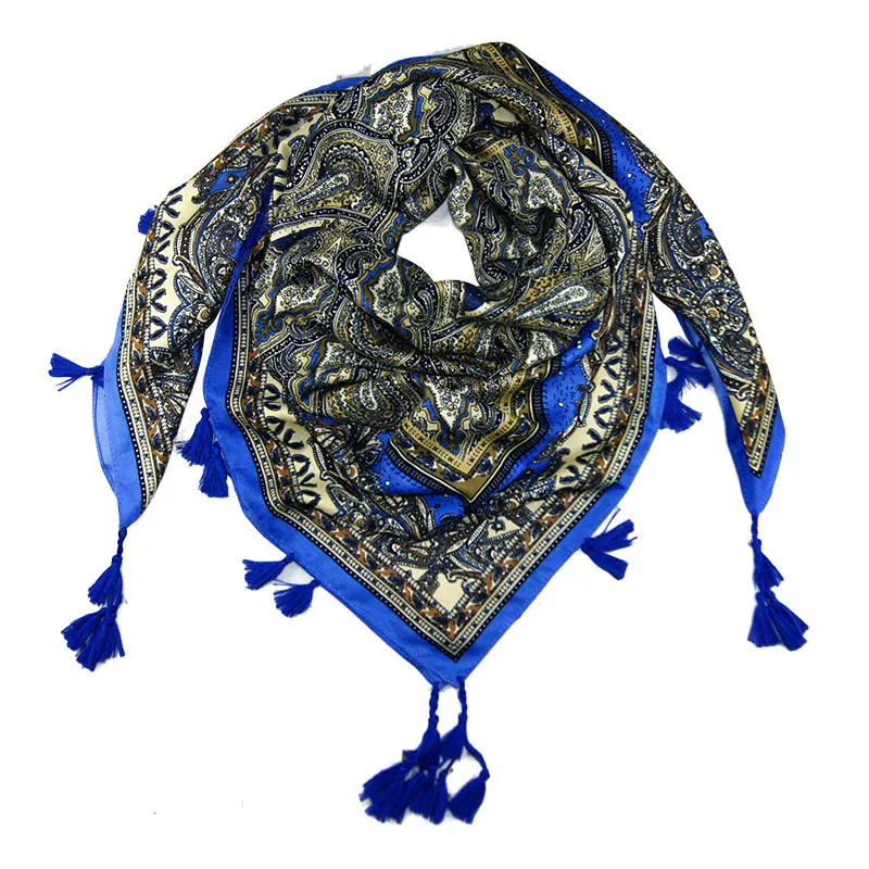Узор, этнический русский стиль, бандана с кисточками, женские шарфы, осенние и зимние шарфы, шаль, хлопковый женский шарф - Цвет: 6 sky blue