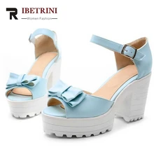 RIBETRINI fashion süß bowtie schuhe 2016 solide peep toe plattform dicken high heels sommer stilvolle sandalen big size 34-43