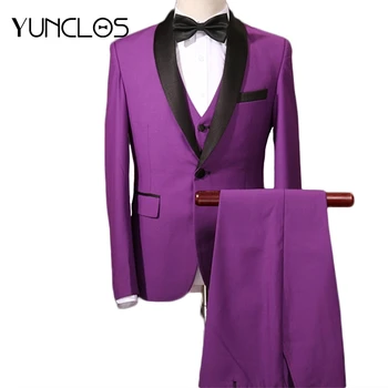 

YUNCLOS Men Wedding Suits 3 Pieces Shawl Collar Tuxedos Slim Fit Burgundy Suit Mens Royal Purple Party Dress Business Suit
