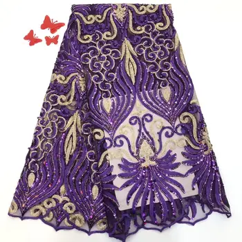 

Latest French Nigerian Laces purple Fabrics 2019 High Quality with sequins Wedding French Tulle Lace Material TS8188