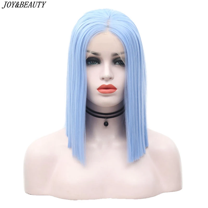 

JOY&BEAUTY Light Sky Blue Bob Wig Glueless Heat Resistant Fiber Synthetic Lace Front Wig For Women Wigs