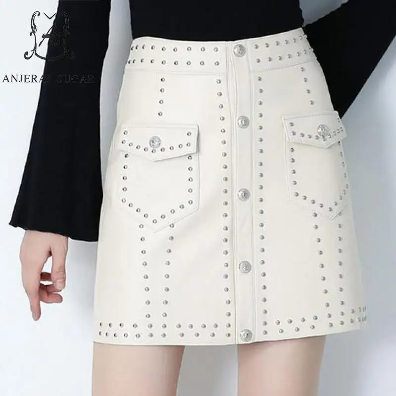 

Spring women genuine sheepskin leather skirt black white short Rivet Single Breasted pocket OL Package hip A line mini skirts