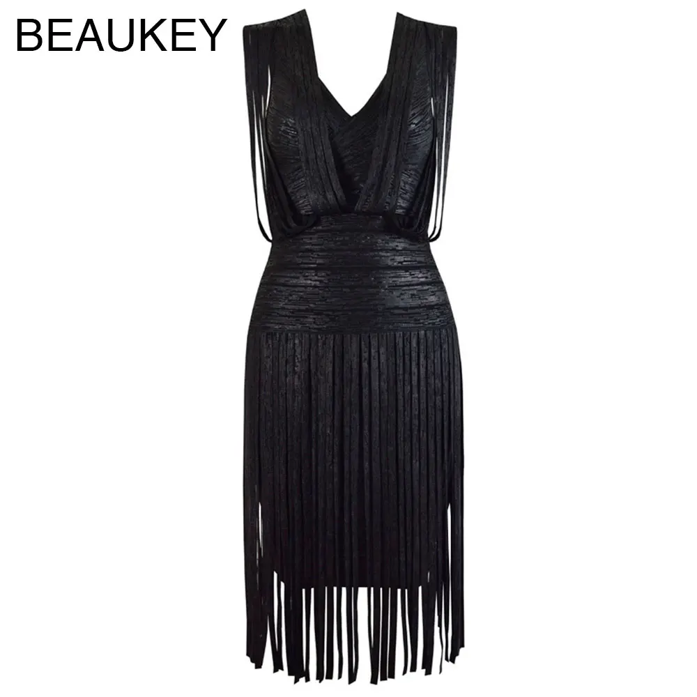 

V Neck Metallic Tassel Open Back 2016 Newest Women's Sleeveless Mini Bodycon Rayon Bandage Dress Black Rose Pink Gold Green