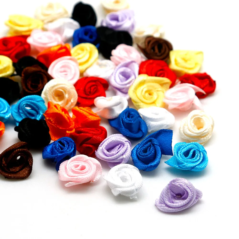 

Hot Selling 50pcs/lot Multi Colors 1.5cm Handmade DIY Satin Ribbon Rose Flower Wedding Decoration Appliques Craft Accessories