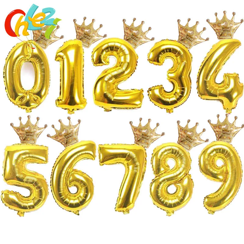 32 дюйма золотого, серебряного, черного цвета номер воздушный шарик из фольги в форме короны шар рисунок От 1 до 6 лет Детские Для мальчиков и девочек День рождения украшения подарок