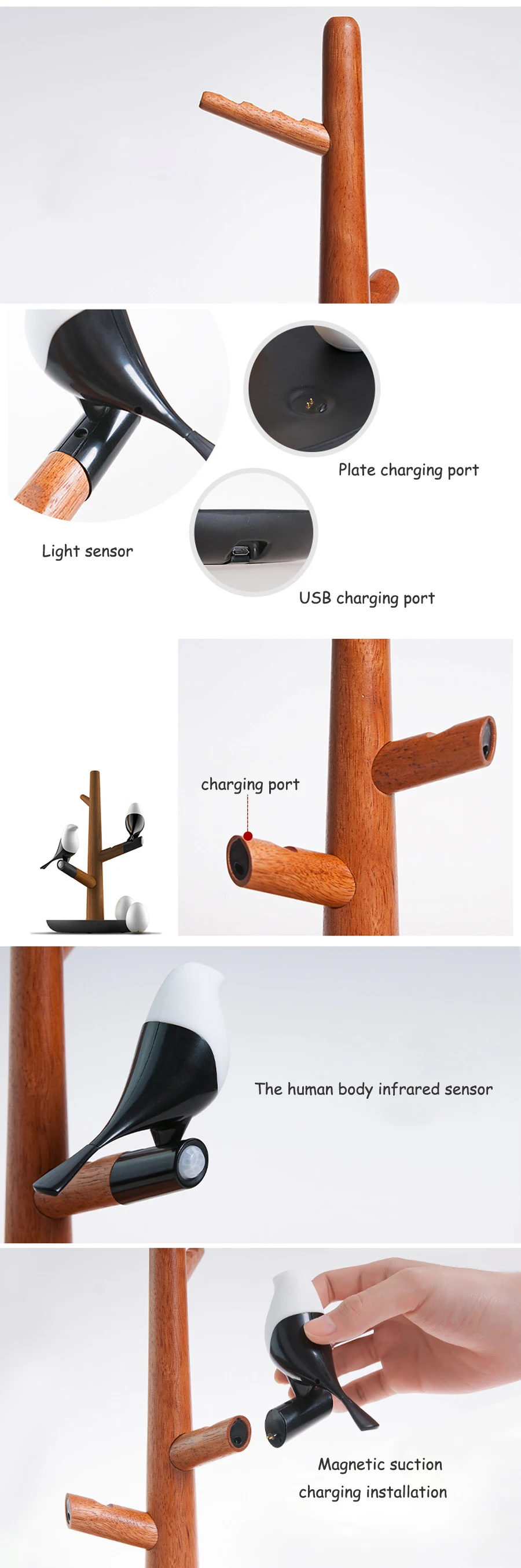 Lâmpada de Luz sem Fio Night Table Desk Quarto Lâmpadas Sorte Pássaro Magpie Estilo Chinês Usb Recarregável Sensor Movimento Led 5 estilo chinês usb recarregável sensor movimento