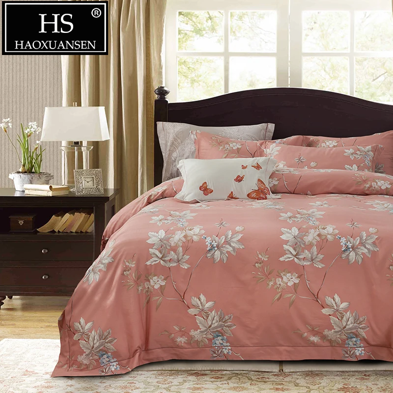 

Orange Leaf Printed Sanding Bedding Sets Egyptian Cotton Satin 4pcs Soft Warm Quilt Cover Set Queen King Size Adult Bed Set