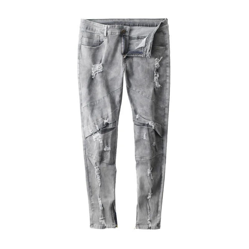 Новинка, мужские серые брюки с эффектом потертости, Европейский код, джинсы с дырками