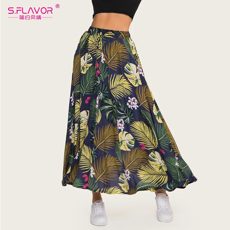 

S.FLAVOR Floral Print Pleated Plus Size Stretch Midi Skirt Women High Waist Side Skirt Female Autumn Winter Skirt