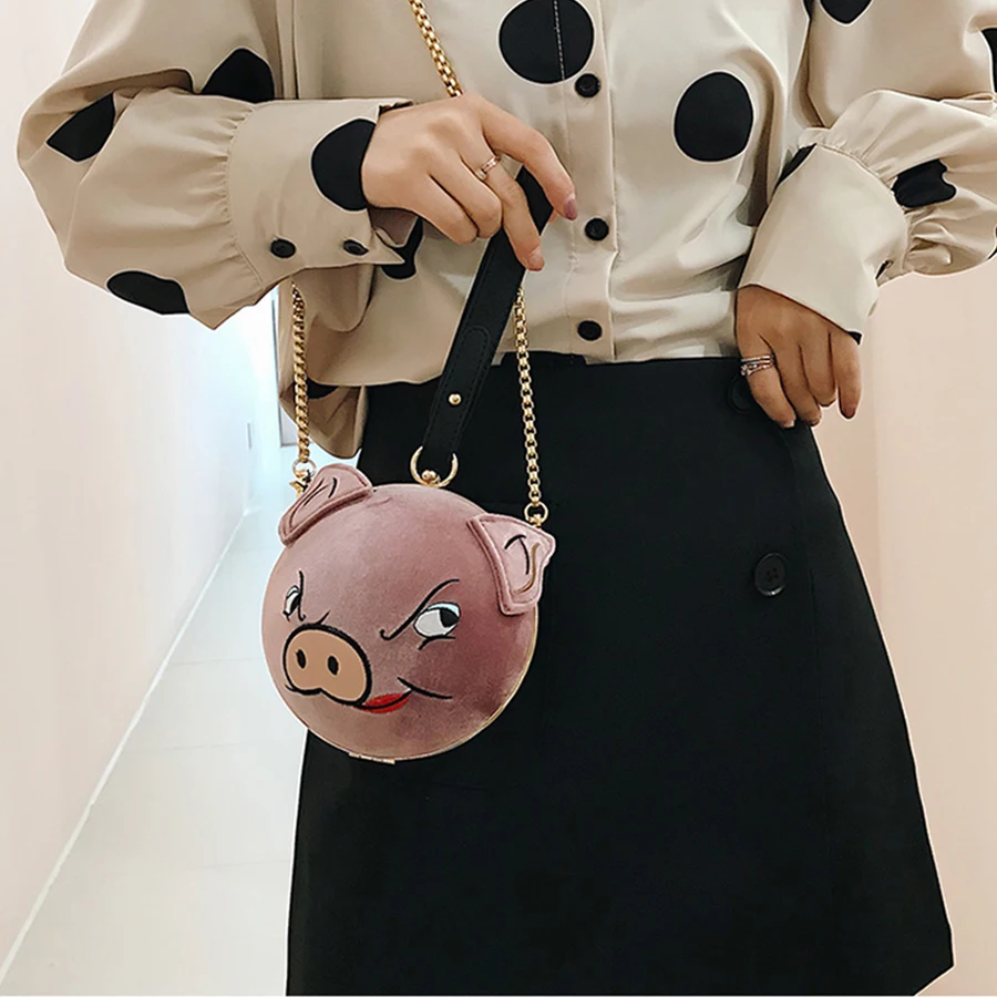 الكرتون المطرزة الذهب المخملية خنزير سلسلة Crossbody حقيبة لطيف الخصر أكياس حقيبة كتف عارضة حزب الفاصل المحفظة سيدة حقيبة يد 2019