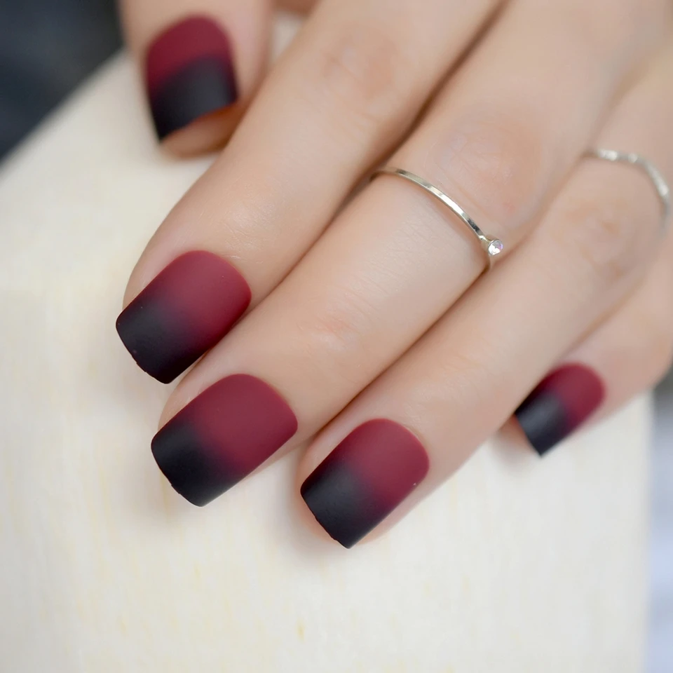 Matte Short Full Nails Gradient Black Red Round Diy French Acrylic Fake Nail Art Women Daily Wear Manicure Accessories Z858 False Nails Aliexpress