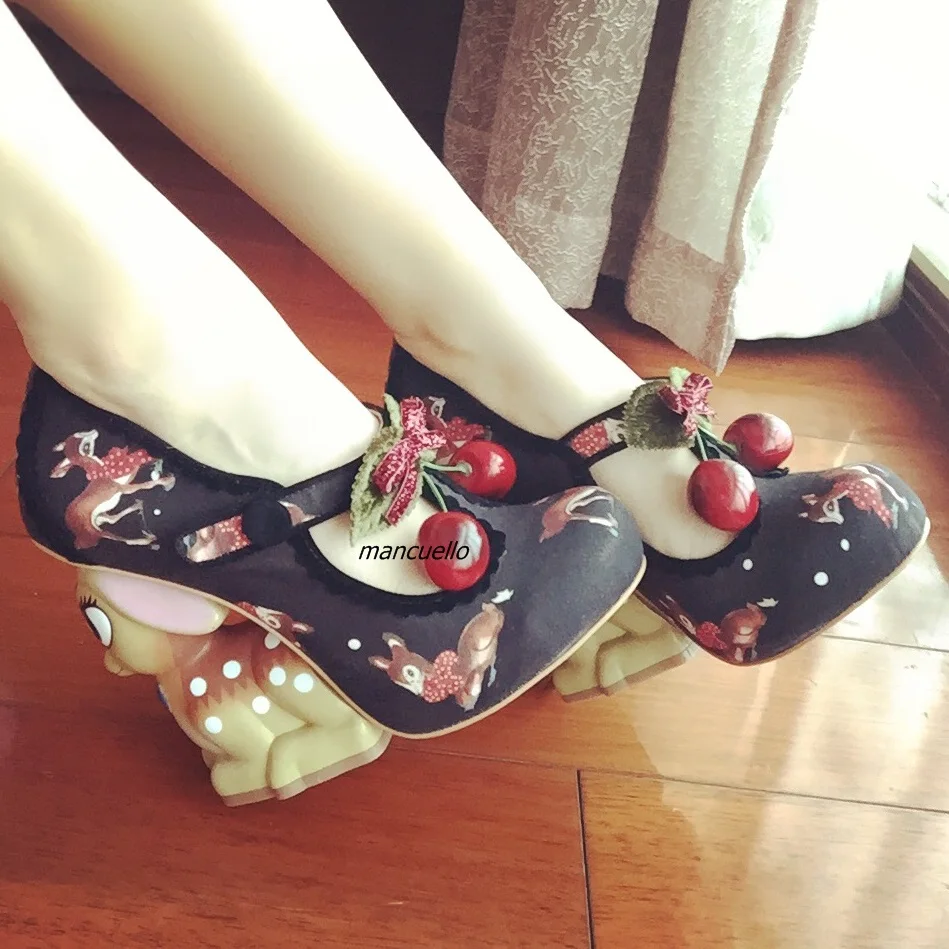 Pretty Black Deer Print Button Strange Heel Shoes Women Fake Cherry Decorated Cute Deer Shape Heel Pumps Retro Sweet Shoes Pretty Black Deer Print Button Strange Heel Shoes Women Fake Cherry Decorated Cute Deer Shape Heel Pumps Retro Sweet Shoes