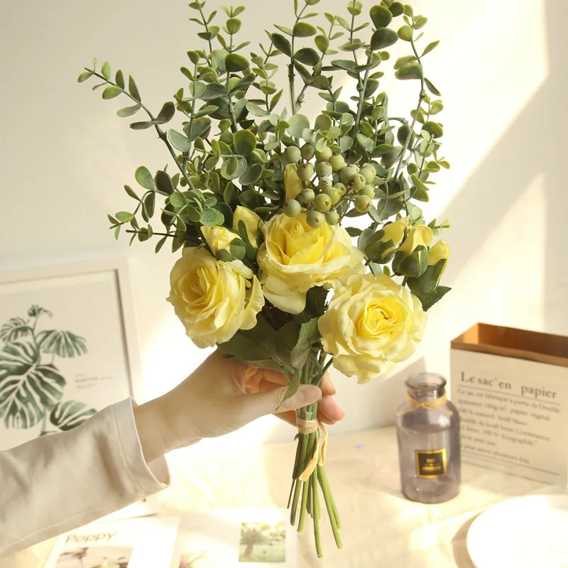 Kyunovia шелковые розы искусственный букет невесты и цветка, в белом и розовом цвете, букет подружки невесты свадебная брошь D110 - Цвет: Цвет: желтый