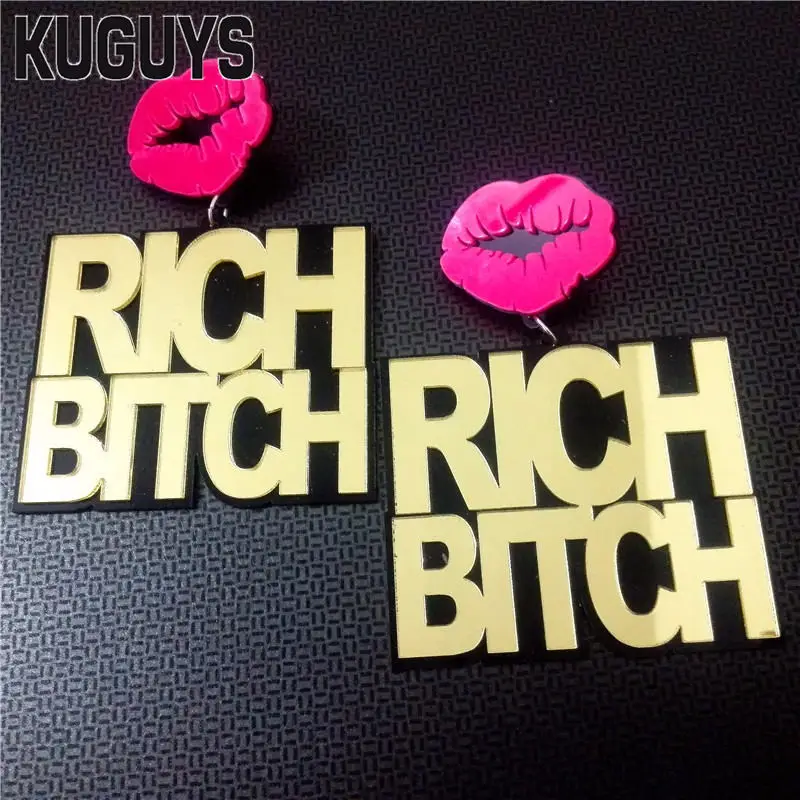

KUGUYS Jewelry Acrylic Gold "RICH BITCH" Super Large Earrings for Women Pendientes HipHop Sexy Lip Drop Earring DS DJ Brincos