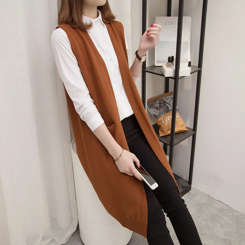 caramel colour Tnlnzhyn весенне-осенний Женский вязаный свитер жилет куртка Женский жилет без рукавов пальто Свободный Повседневный Длинный жилет Y1093 - Цвет: caramel colour