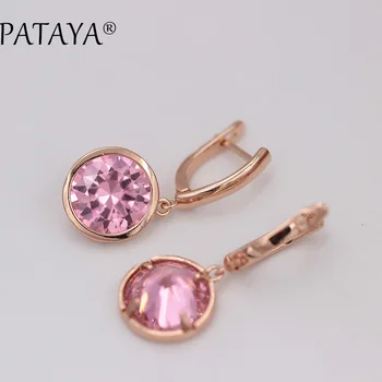 

PATAYA New 585 Rose Gold Pink Round Natural Cubic Zirconia Dangle Earrings Multi-Colored RU Hot Exclusive Design Earrings