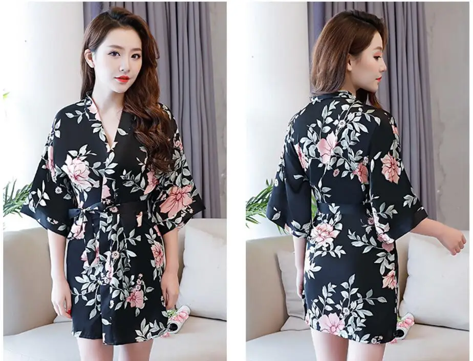 Шелковый халат кимоно 2019 Мини ночные халаты для женщин Печать одежда для невесты сексуальная ночная рубашка плюс размер