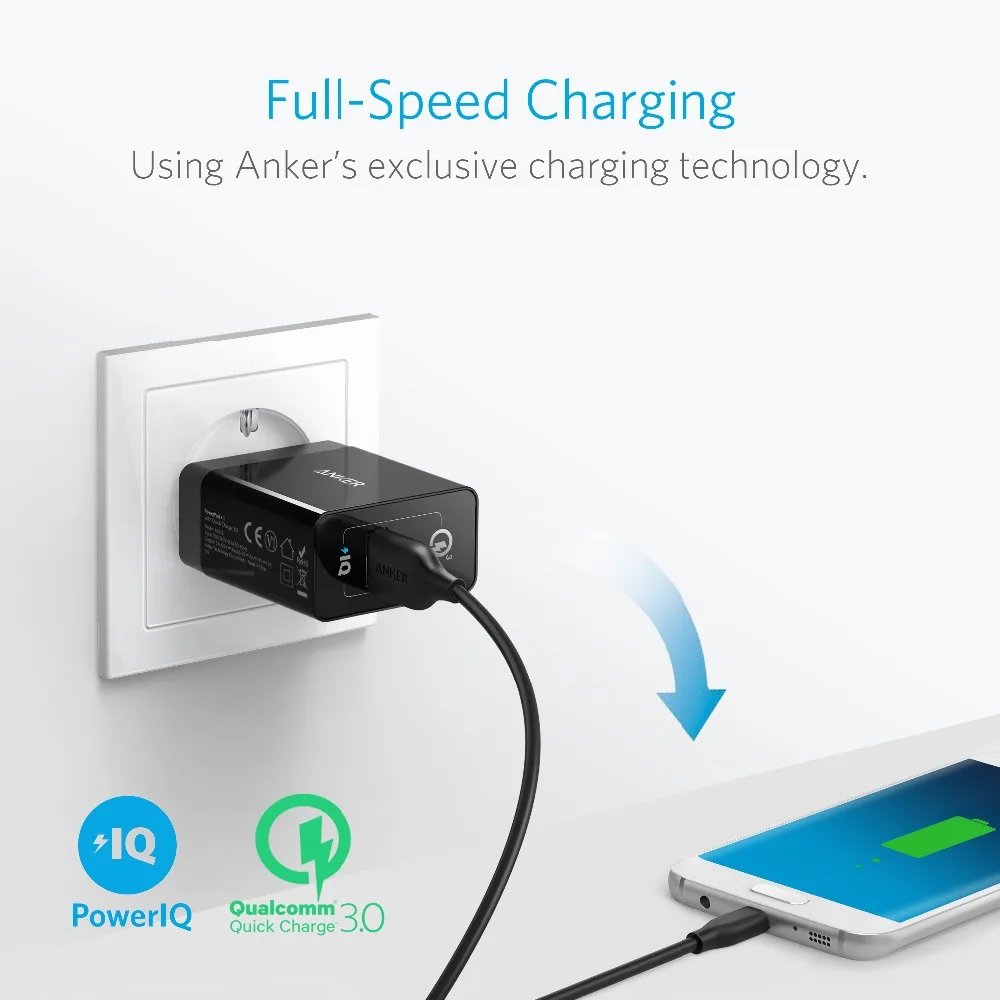 Быстрая зарядка 3,0, Anker 18 Вт USB настенное зарядное устройство вилка Великобритании/ЕС(Быстрая зарядка 2,0 совместима) порт питания+ 1 для iPhone iPad LG htc и т. Д