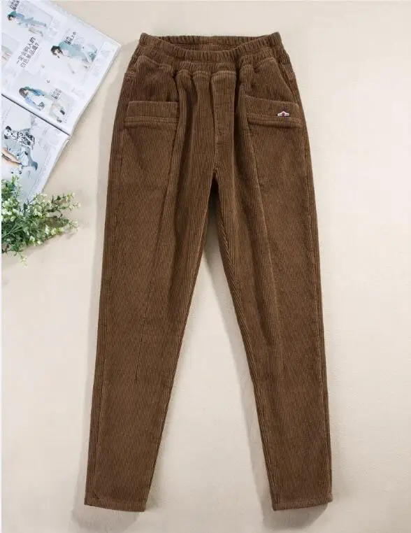 Высококачественные плотные вельветовые штаны, зимние теплые женские брюки с эластичной резинкой на талии, повседневные однотонные свободные штаны для женщин P58-1 - Цвет: brown