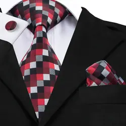 C-1423 Привет-галстук Новые Дизайн красный плед связей для Для мужчин Бизнес Формальные Галстук платок Запонки Набор Для мужчин s галстуки