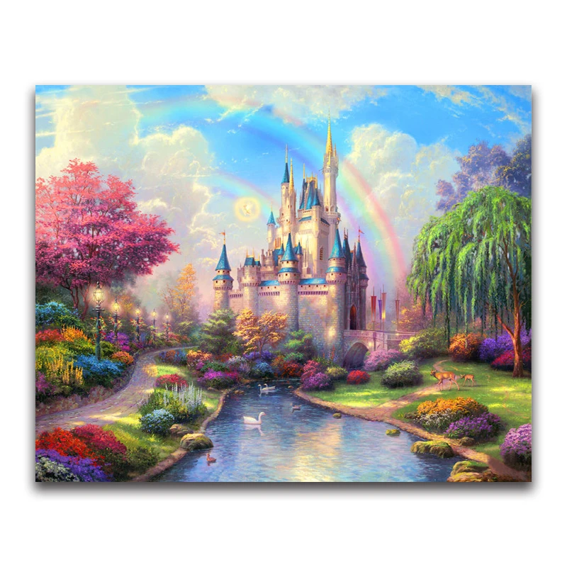 5D diy diamond painting cross stitch diamond embroidery landscape rainbow castle picture diamond mosaic round Drill home decor