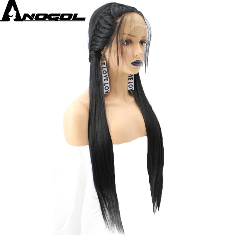

Anogol High Temperature Fiber Braids Natural Long Straight Braided Princess 1B Black Synthetic Lace Front Wig With Baby Hair
