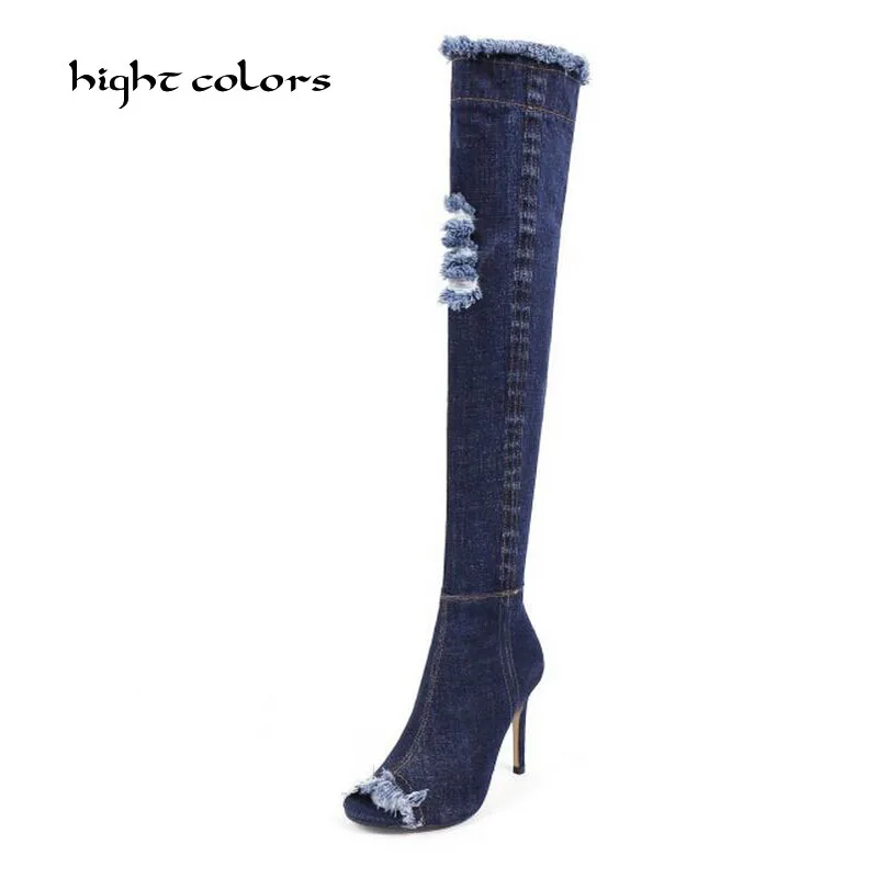 

( HIGHT COLORS ) Denim Boots Women Fashion Thigh High Over The Knee Boots Woman Cross-tied Gladiator Summer shoes HC622