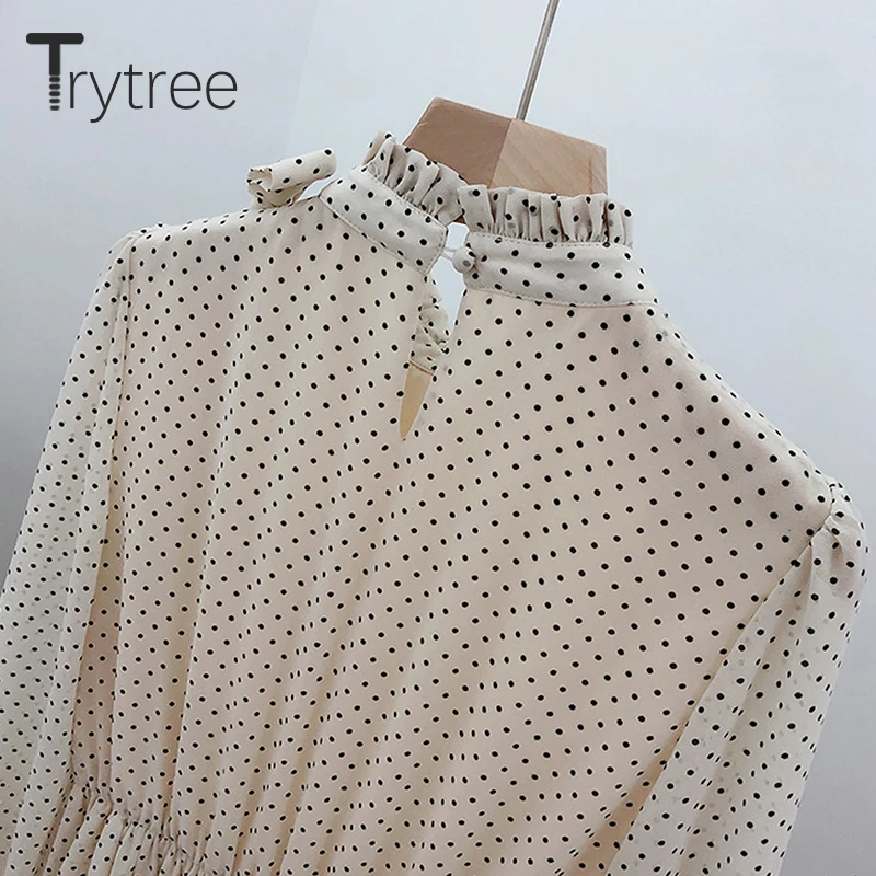 Trytree летнее осеннее винтажное платье в горошек женское платье с длинным рукавом и бантом до середины икры с оборками абрикосовое платье с разрезом