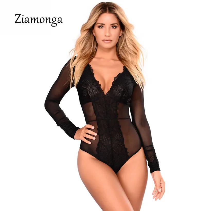 

Ziamonga Women Body 2019 Sexy See Through Sheer Mesh Lace Bodysuit Women Sleeveless Black Rompers Body Feminino Short Overalls
