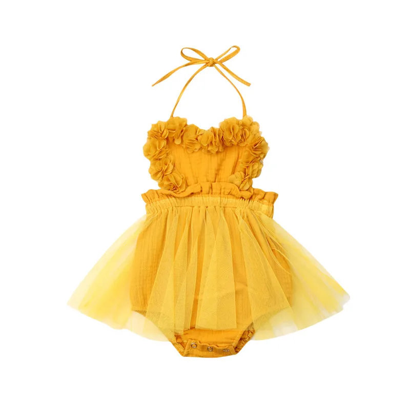 

Baby Girl sweet yellow Halter Floral Tulle Romper sleeveless mesh short Jumpsuit Backless Sunsuit summer Outfit Clothes