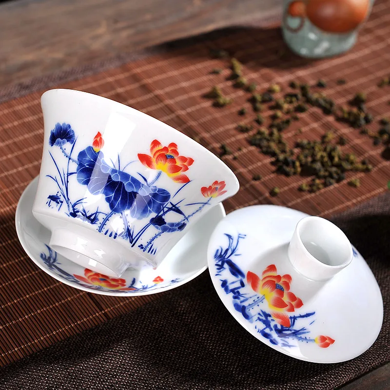 Китайский чайный набор кунг фу Gaiwan синий и белый фарфор чай Супница керамическая