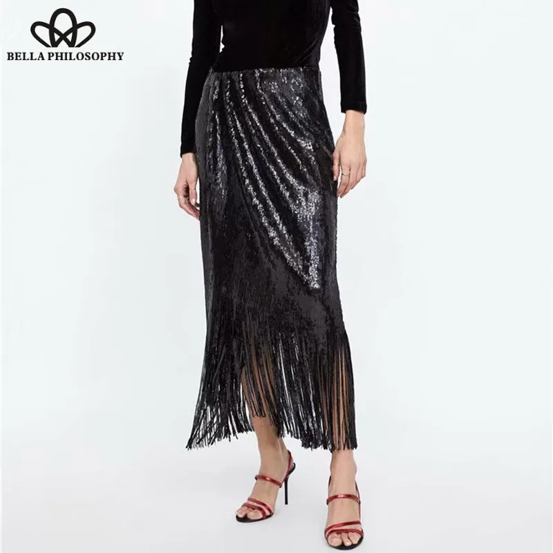 Wonder Elastic Sexy Tassel Bodycon Skirt High Waist Vintage Female Sequined Split Maxi Skirts Casual Lady Straight Skirt 2019