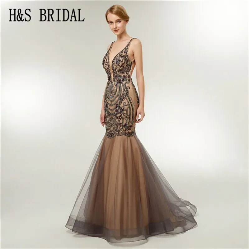 

H&S BRIDAL Champagne long evening dress luxury dress elegant backless mermaid prom dresses robe de soiree 2018