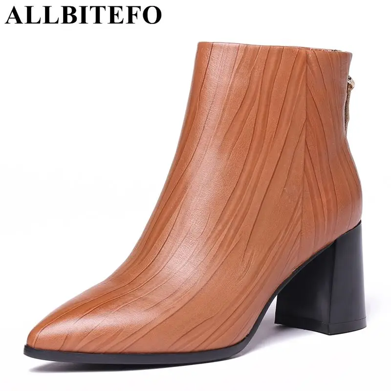 

ALLBITEFO brand High quality genuine leather women martin boots Line texture design high heel shoes for girls motocycle boots