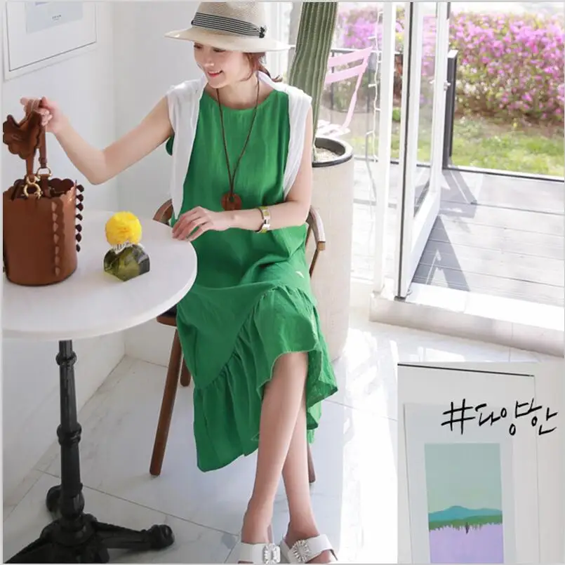 

2019 Women Summer Tank Dress Thin Cotton And Linen Ruffles Dress Korean Style Loose Vestido Plue Size Women Dress M-7XL