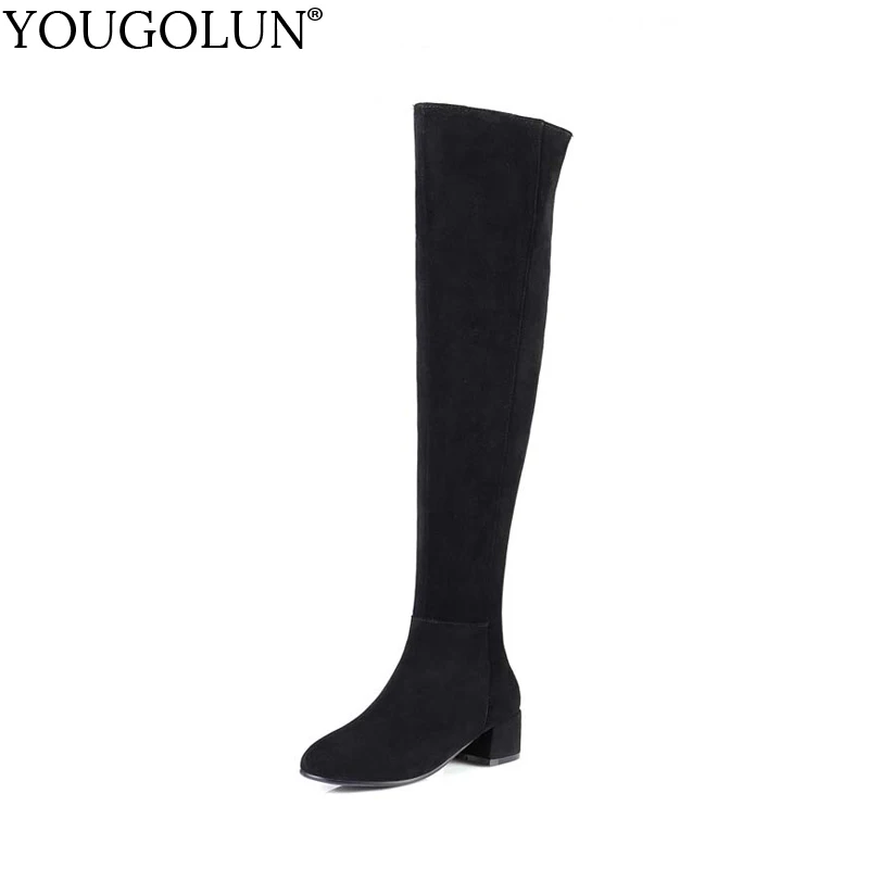 

YOUGOLUN Women Boots Thigh High Genuine Winter Cow Suede Black Mid Square Heel 4 cm Nubuck Leather Over the Knee Shoes #Y-154