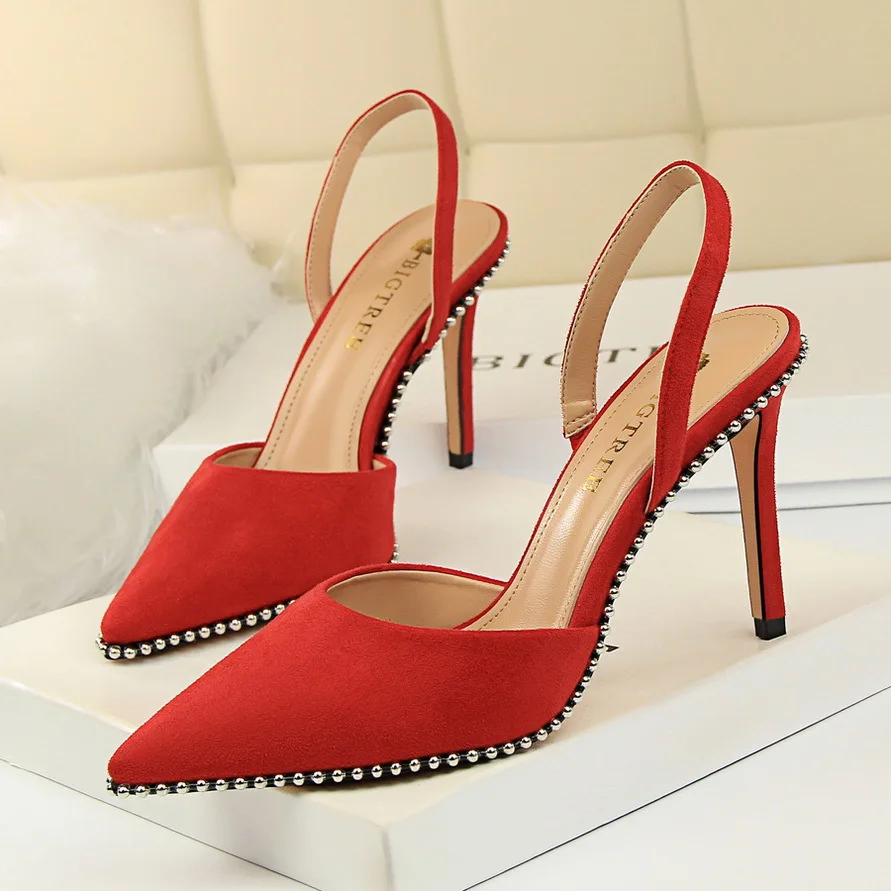 

Women Sandals Shoes Flock Pointed Toe Back Strap Slip-On Rivet 9cm Thin High Heels Sexy Lady Club Party Female Pump Shoes