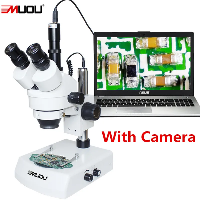 

MUOU7X-45X Continuous zoom Binocular Stereo Microscope Inspection PCB Repair Two LED Light Source+ Electronic Eyepiece