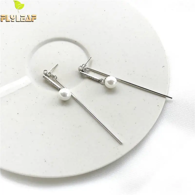 

Flyleaf 100% Real Silver 925 Earings Fashion Jewelry Pearl Cubic Zirconia Earrings Strip Drop Tassel Long Earrings For Women