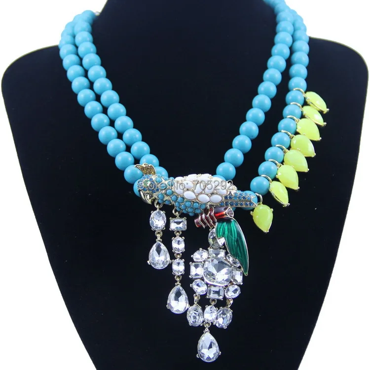 

Color Stone Beads chain with Bird Pendants Bib Statement Necklace