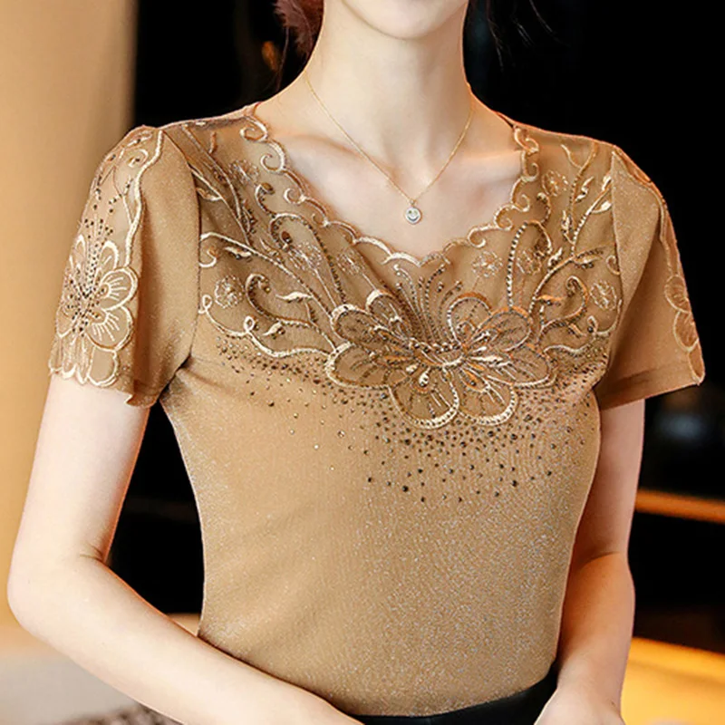 

FGLAC Women's blouse shirt Fashion casual short sleeve Hollow out Mesh shirt Embroidered Plus size women tops and blouses