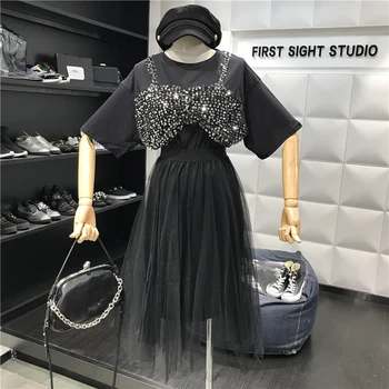 

New Summer Women's Sets Blingbling Sequins Faux Two Piece Short Sleeve Tshirts + Elegant Elastic Waist Gauze Skirts Female Suits