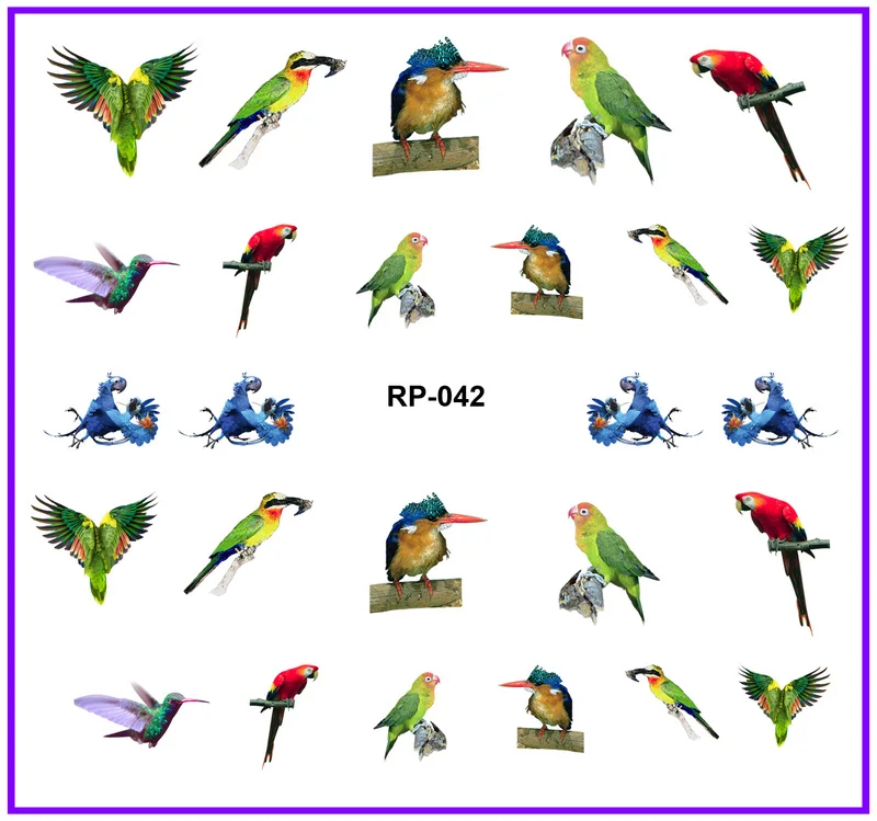 Искусство ногтей Красота наклейка на ногти водная наклейка слайдер птицы Бирюзовая рябина дятел попугай RP037-042 - Цвет: RP042