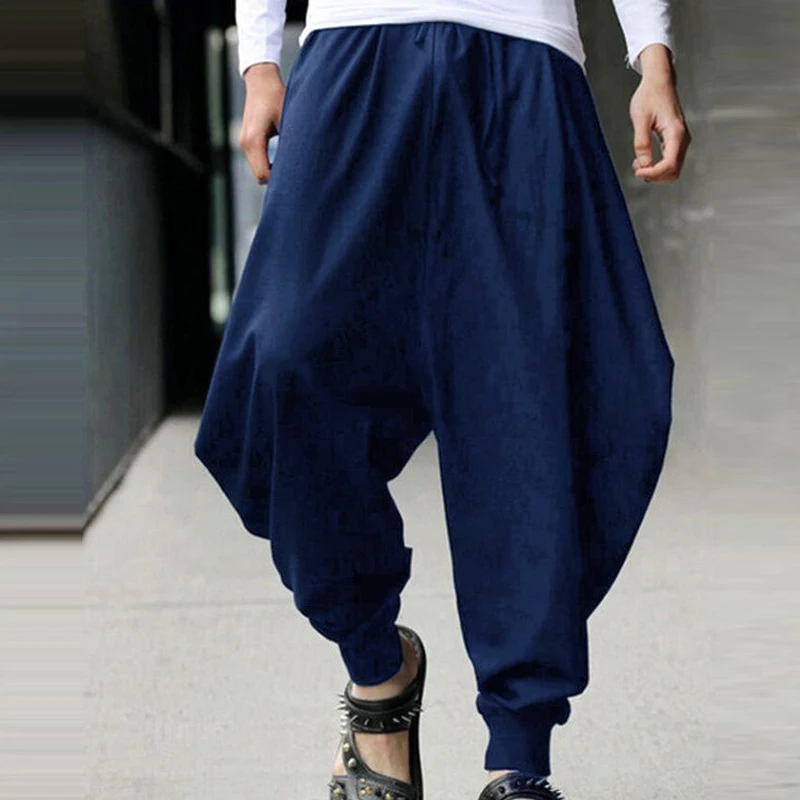 

Male Summer Autumn Harem Loose Long Pants Man Japanese Samurai Style Cropped Linen Trousers Low Drop Crotch Wide-Leg Pants