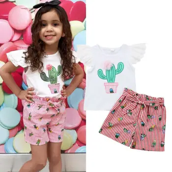 

2PCS Baby Girls Summer Clothes Lace Cactus Tops+Stripe Shorts Outfits