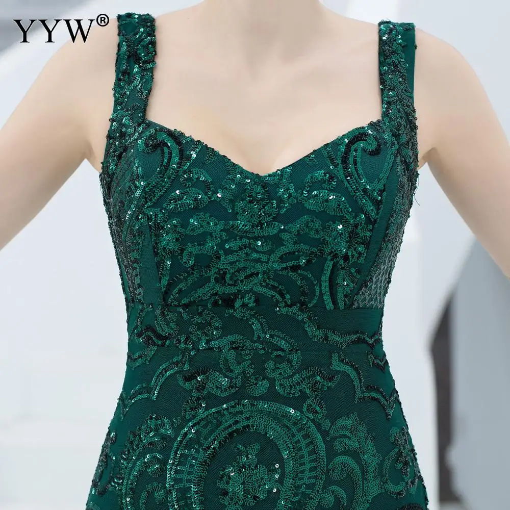 Green Sequined Summer Long Party Dress Spaghetti Strap Sexy Evening Gowns Women Sequin Mesh Patchwork Elegant Club Dresses